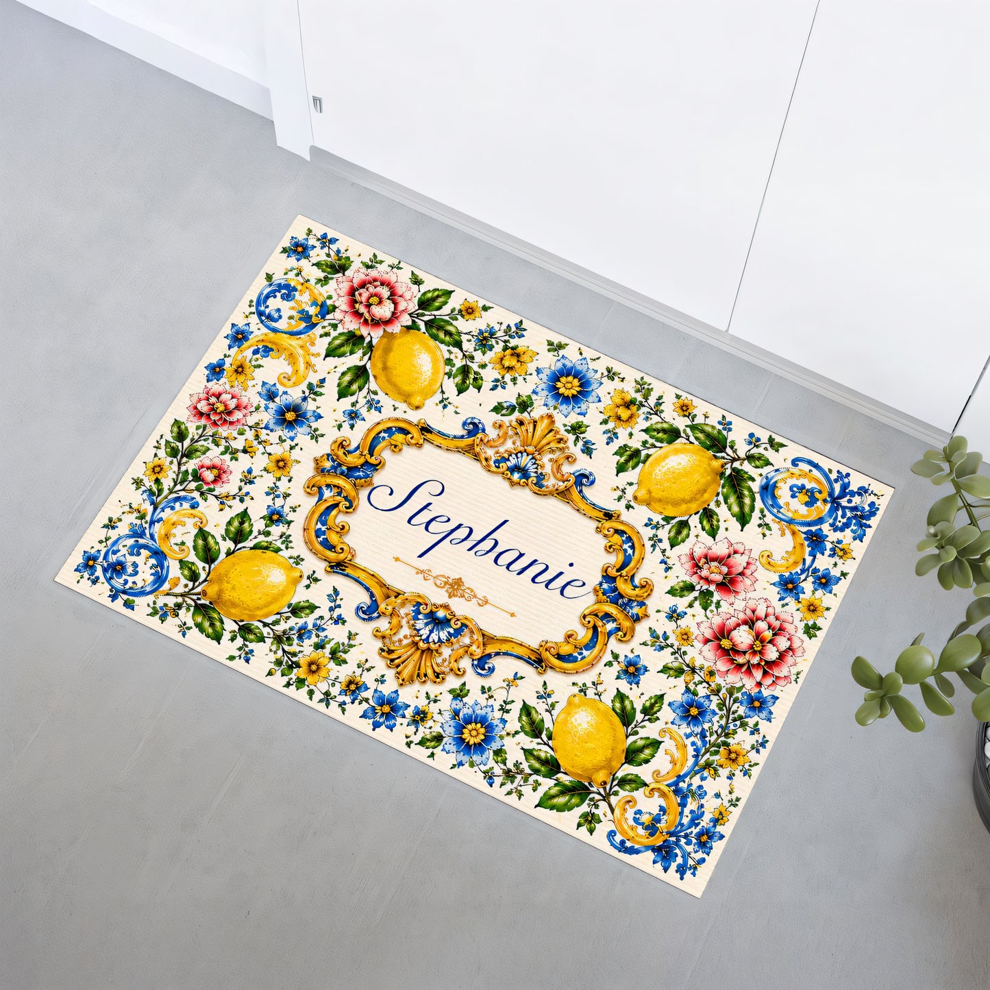 Mediterranean Style & Majolica Print Blue Lemon - Personalized Doormat - Gift For Home Decor
