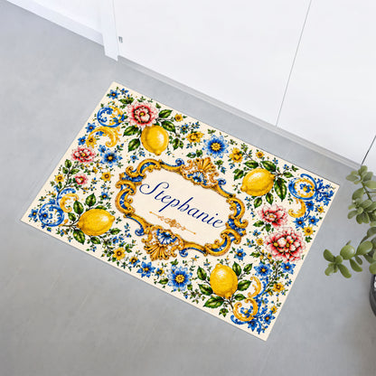 Mediterranean Style & Majolica Print Blue Lemon - Personalized Doormat - Gift For Home Decor
