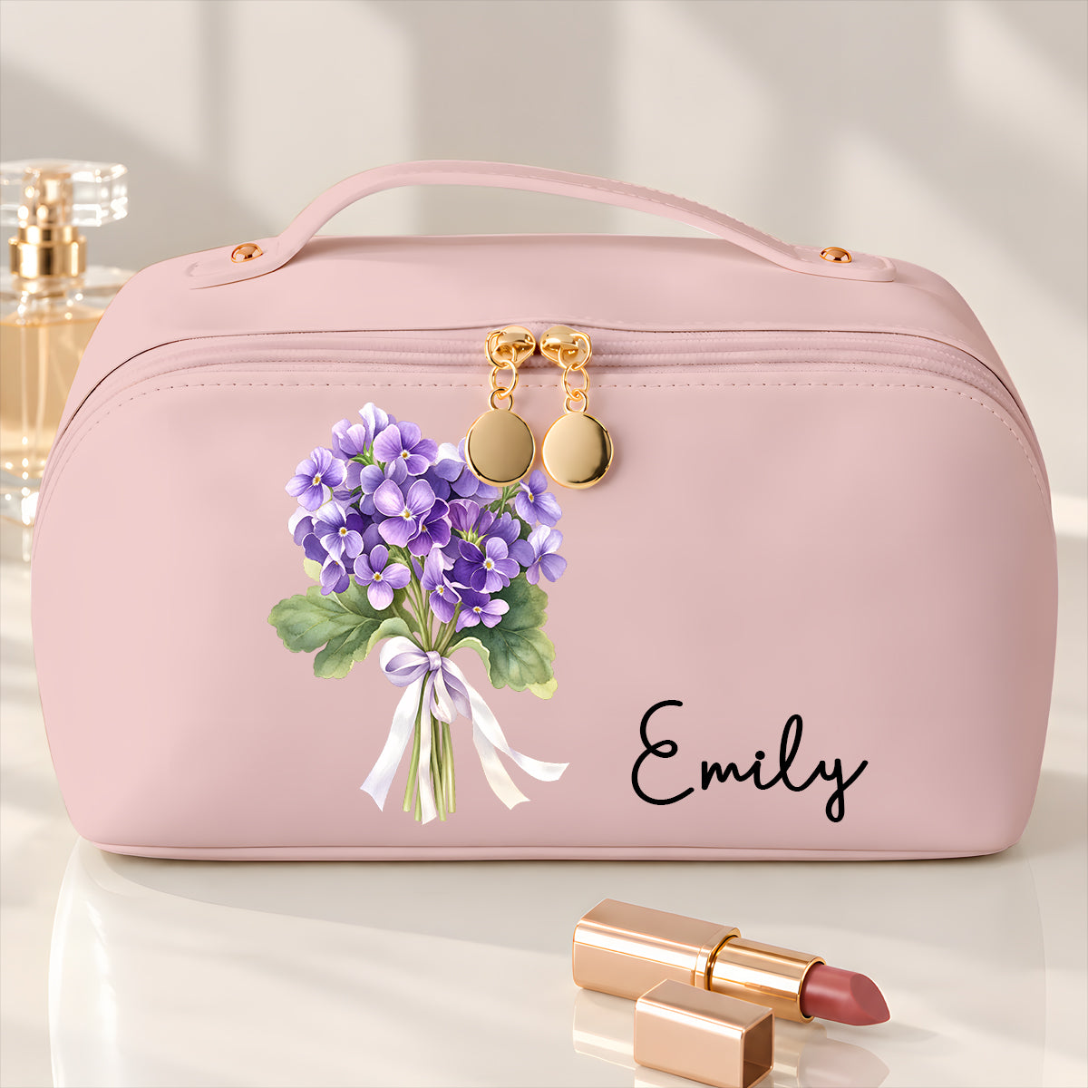 Birth Flower Cosmetic Bag for Women- Personalized Makeup Bag