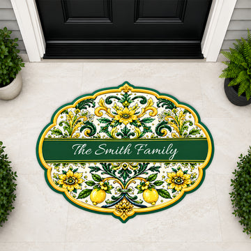 Mediterranean Style & Majolica Print Sun-Kissed Limoncello - Personalized Shaped Luxurious Doormat