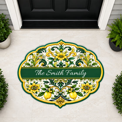 Mediterranean Style & Majolica Print Sun-Kissed Limoncello - Personalized Shaped Luxurious Doormat