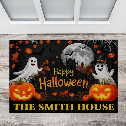 Happy Halloween Doormat with Ghosts, Pumpkins & Haunted House - Personalized Doormat