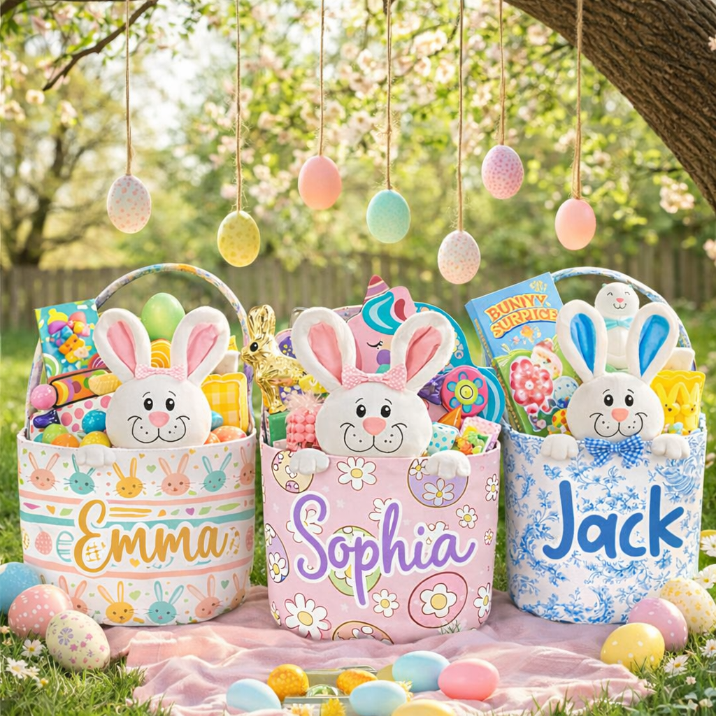 Basket for Kids – Custom Name Bunny Easter Basket Gift for Boys & Girls - Personalized Easter Basket