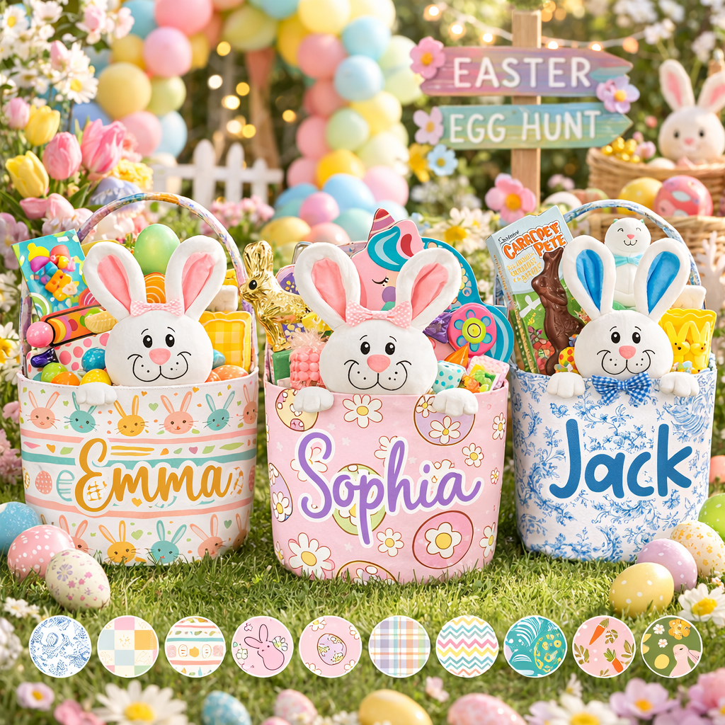 Basket for Kids – Custom Name Bunny Easter Basket Gift for Boys & Girls - Personalized Easter Basket