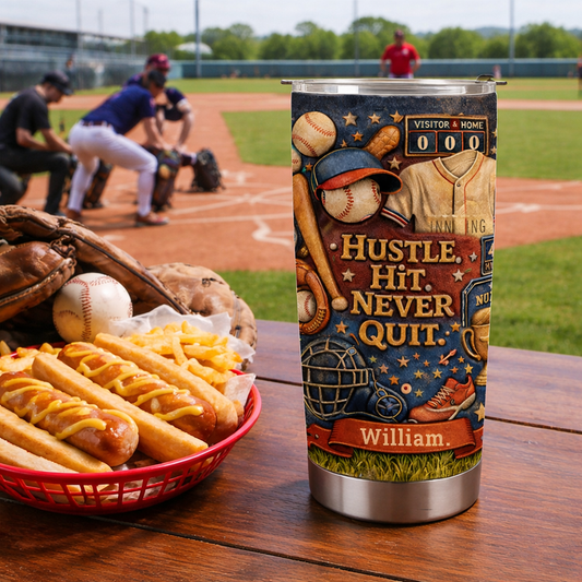 Hustle Hit Never Quite, Gift for Baseball Lovers, Son, Daughters - Personalized Baseball Tumbler Cup