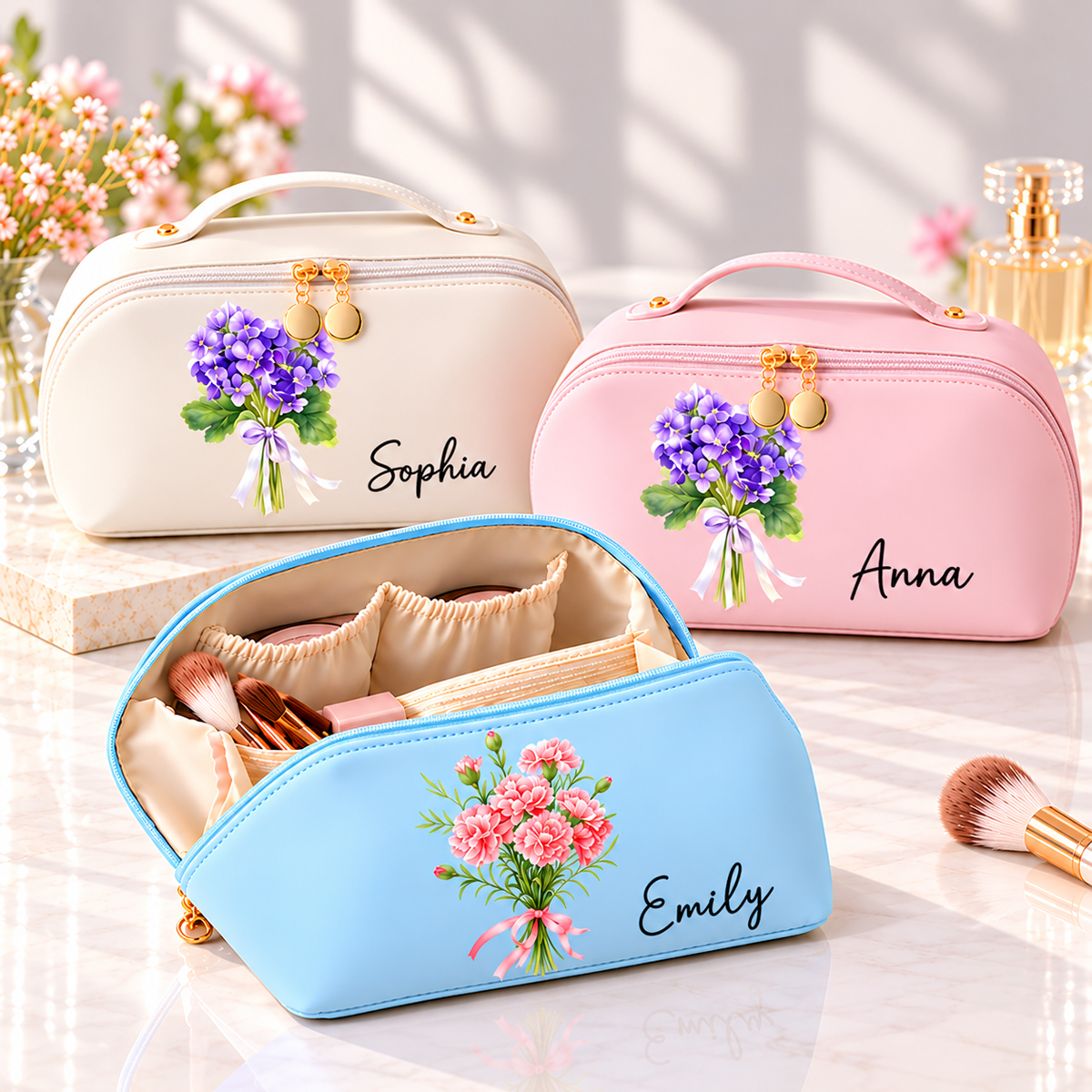 Birth Flower Cosmetic Bag for Women- Personalized Makeup Bag