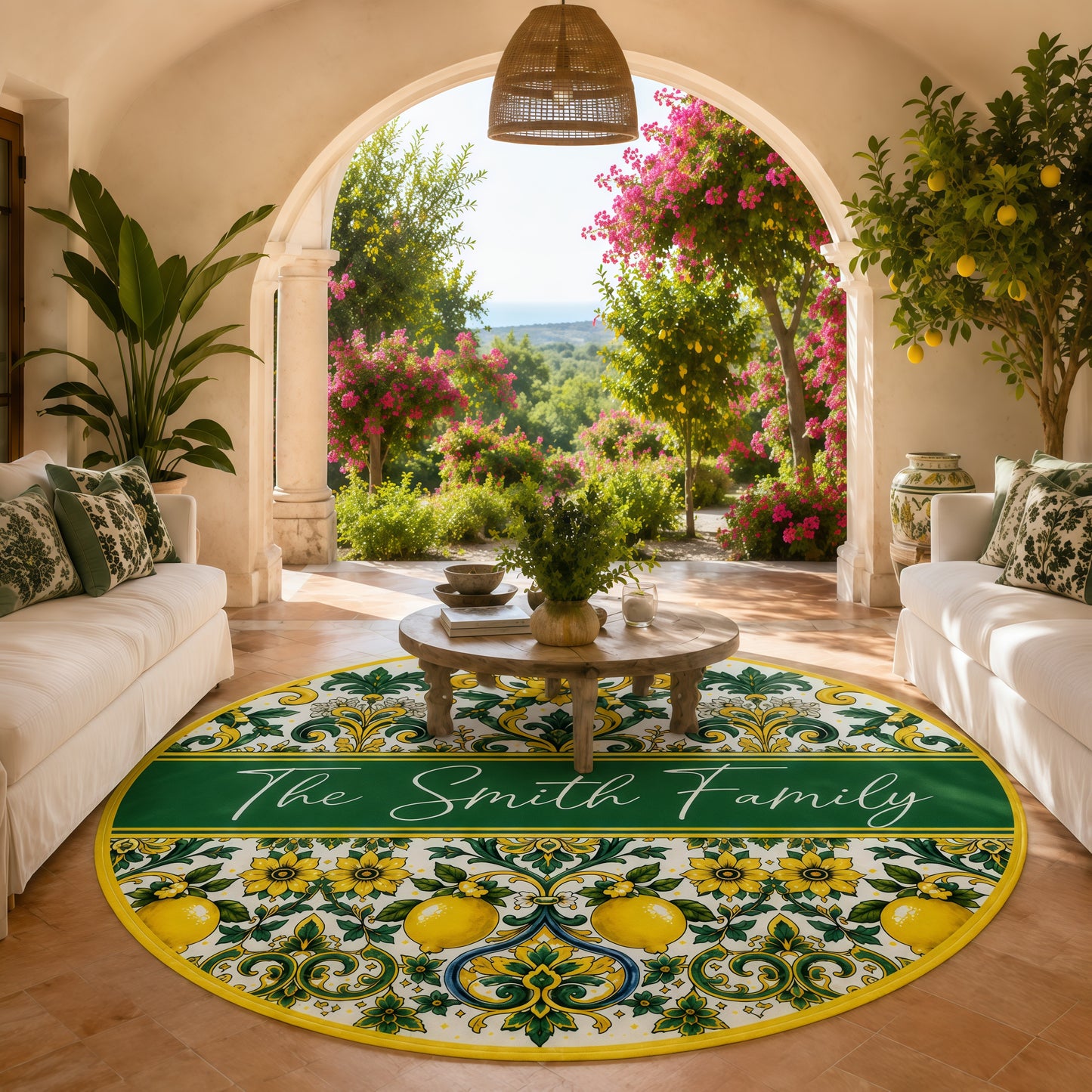 Mediterranean Style & Majolica Print Sun-Kissed Limoncello - Personalized Round Rug