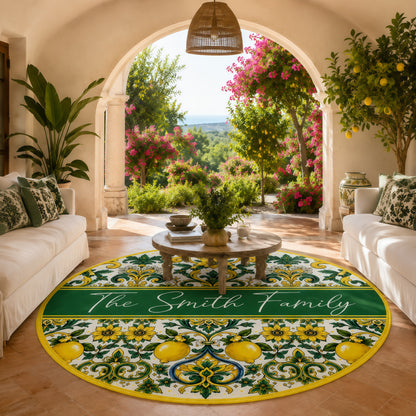Mediterranean Style & Majolica Print Sun-Kissed Limoncello - Personalized Round Rug
