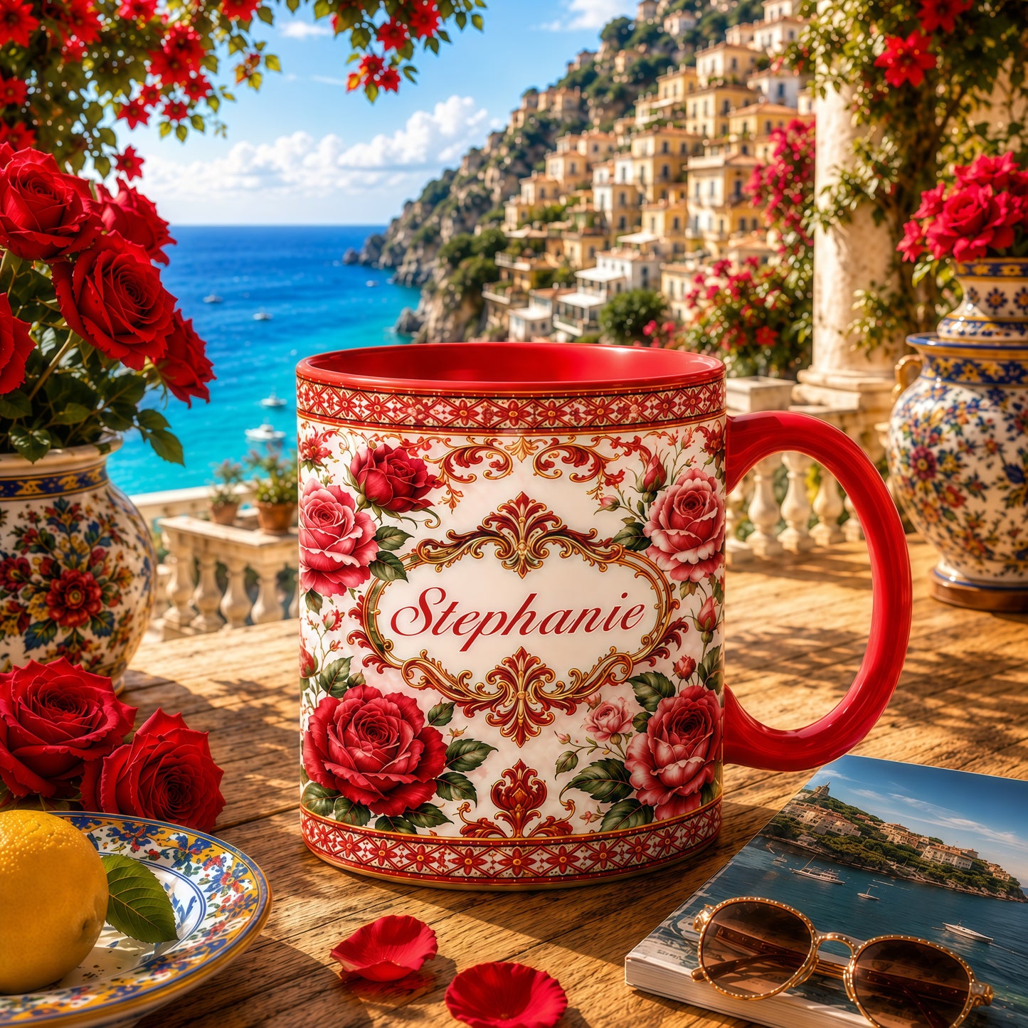 Mediterranean Style & Majolica Print Royal Red Rose - Personalized Accent Mug