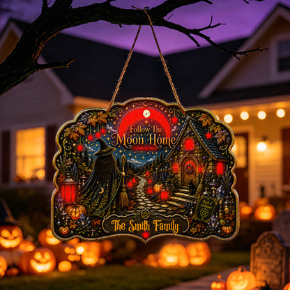 Follow The Moon Home - Personalized Witchcraft Luminous Wooden Sign