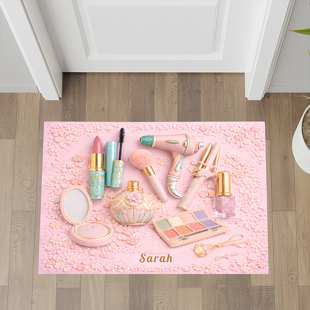 Personalized Makeup Doormat For Makeup Lovers – Custom Name Beauty Room Rug for Bedroom, Bathroom, Vanity Decor - Personalized Doormat