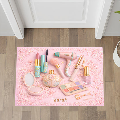 Personalized Makeup Doormat For Makeup Lovers – Custom Name Beauty Room Rug for Bedroom, Bathroom, Vanity Decor - Personalized Doormat