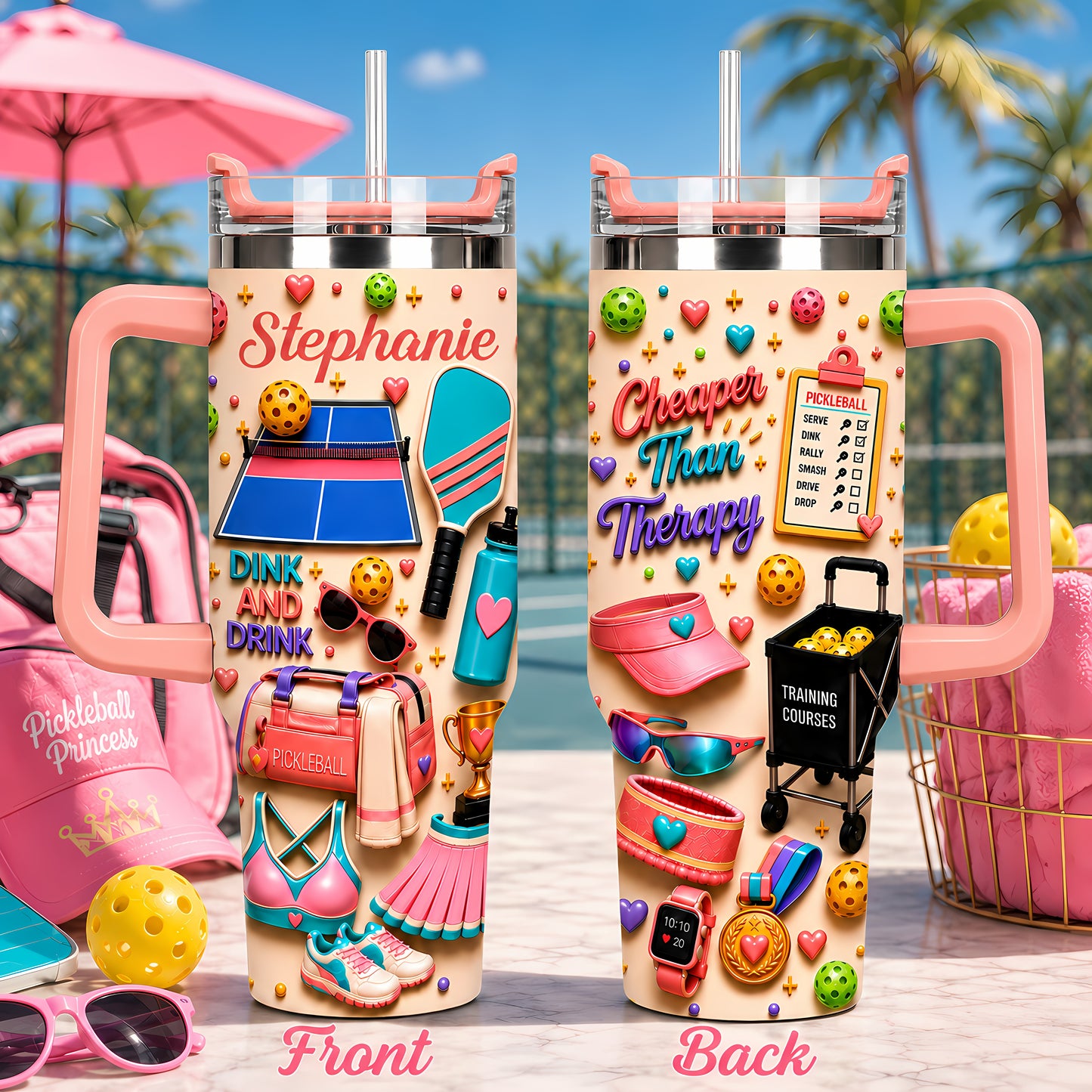 Dink And Drink - Personalized 40oz Pickleball Tumbler With Straw - Pickleball Gifts For Her