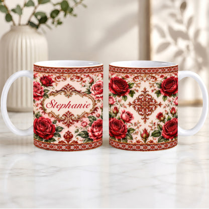 Mediterranean Style & Majolica Print Royal Red Rose - Personalized Accent Mug