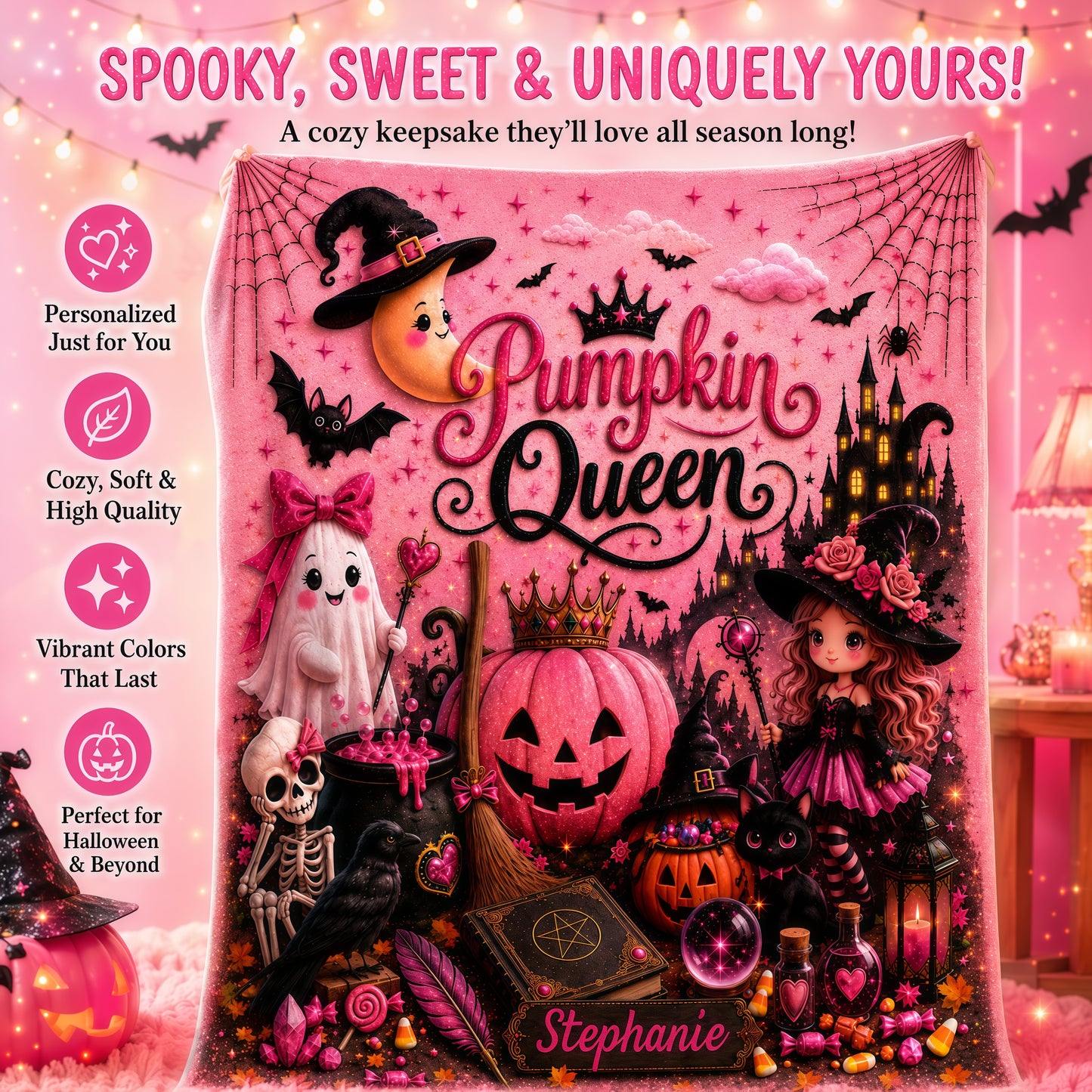 Pumpkin Queen - Personalized Pink Halloween Blanket - Gift For Halloween