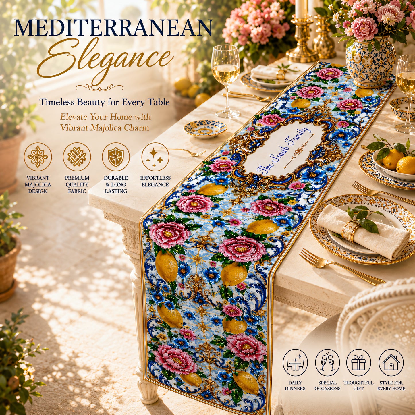 Mediterranean Style & Majolica Print Blue Lemon - Personalized Table Runner