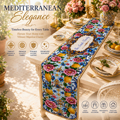 Mediterranean Style & Majolica Print Blue Lemon - Personalized Table Runner