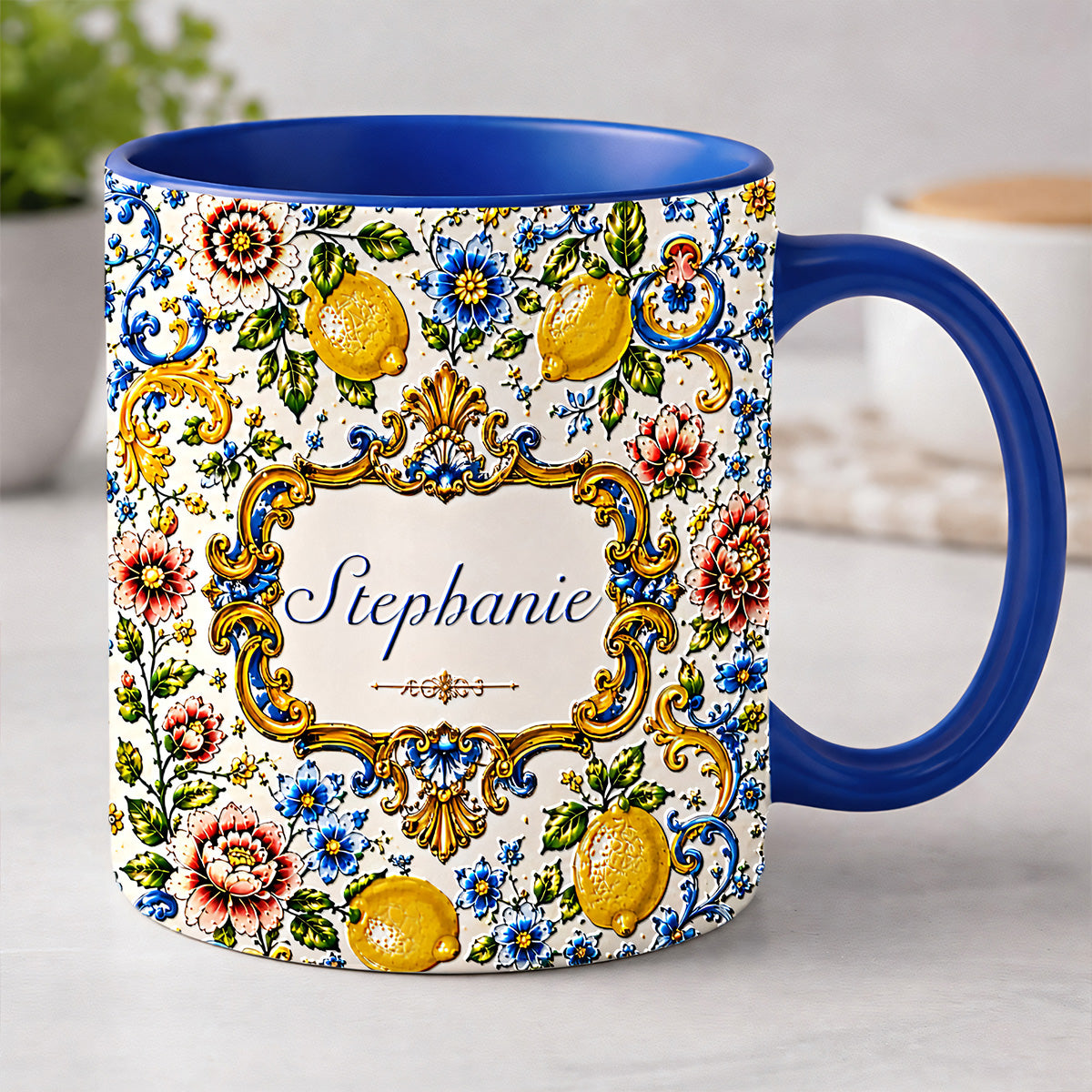 Mediterranean Style & Majolica Print Blue Lemon - Personalized 3D Accent Mug