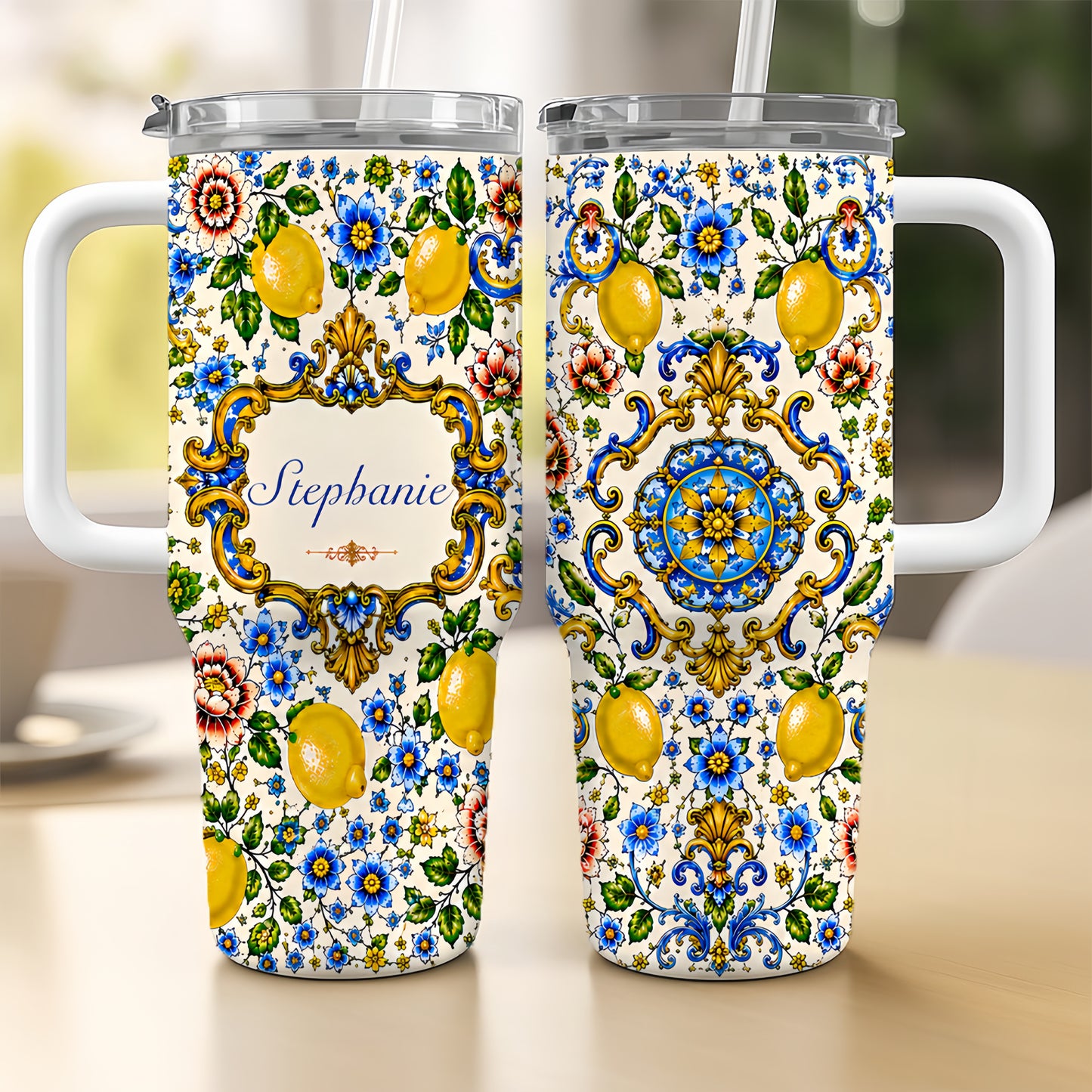 Mediterranean Style & Majolica Print - Personalized 40oz Tumbler With Straw - Travelling Tumbler