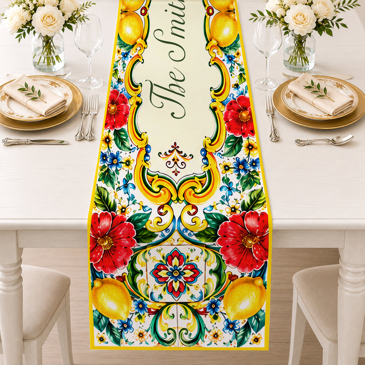 Mediterranean Style & Majolica Print La Dolce Vita - Personalized Table Runner