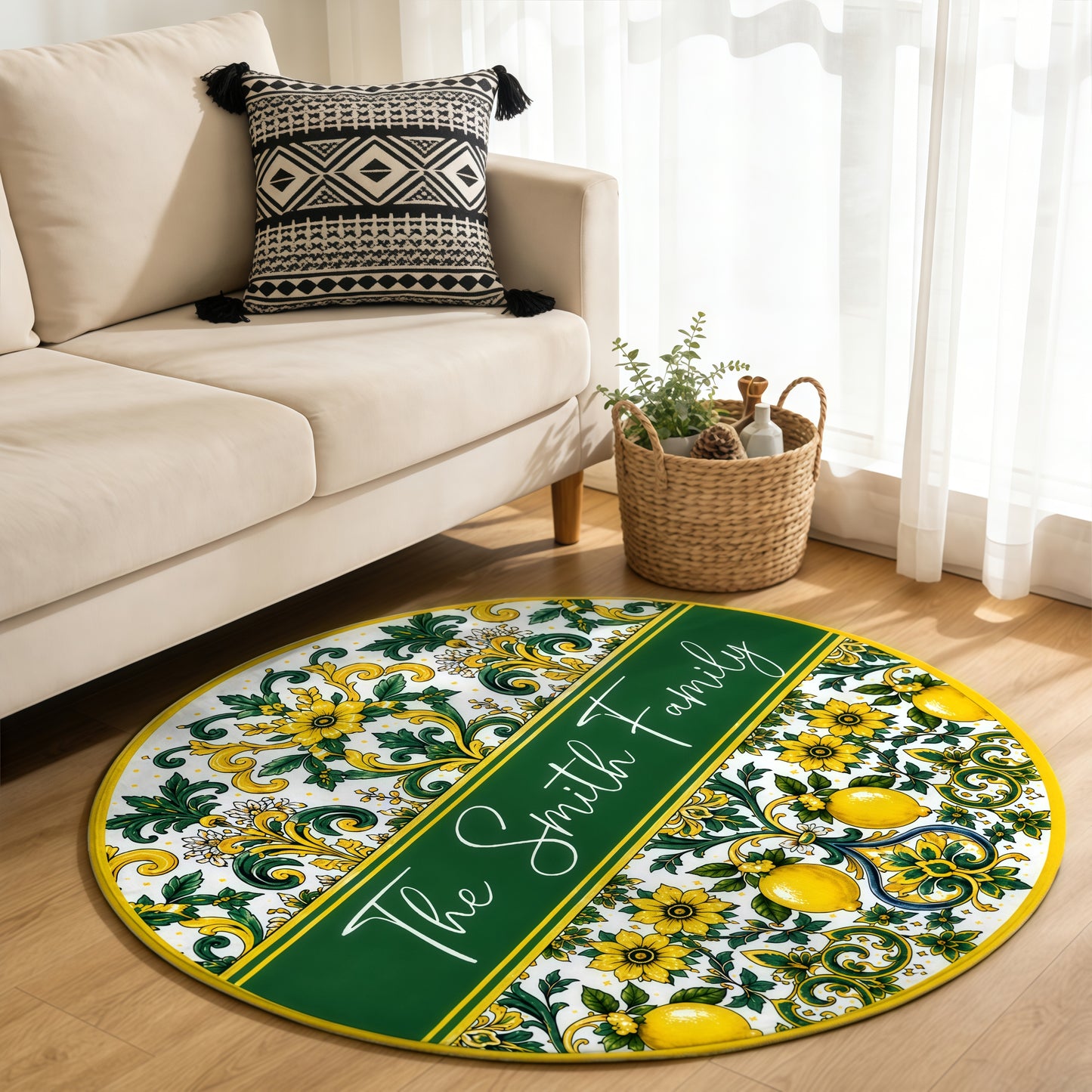 Mediterranean Style & Majolica Print Sun-Kissed Limoncello - Personalized Round Rug