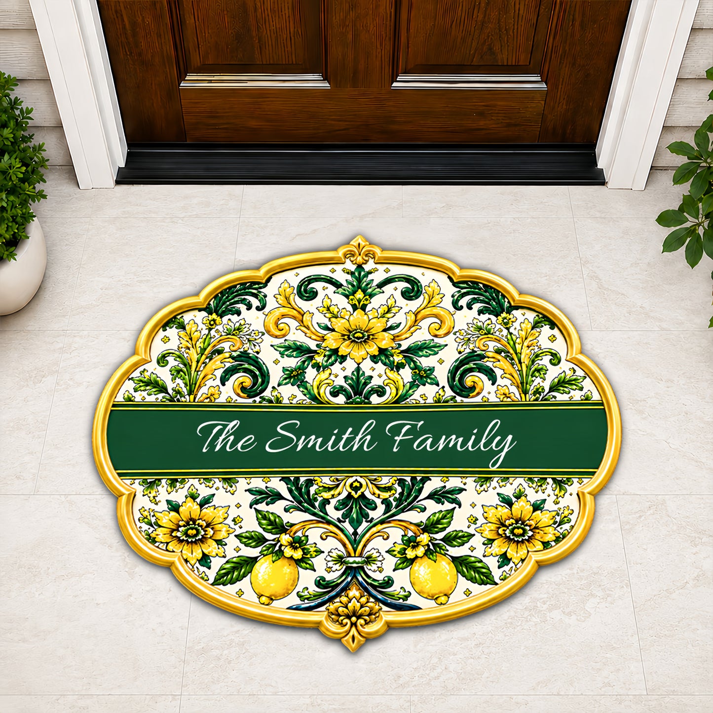 Mediterranean Style & Majolica Print Sun-Kissed Limoncello - Personalized Shaped Luxurious Doormat