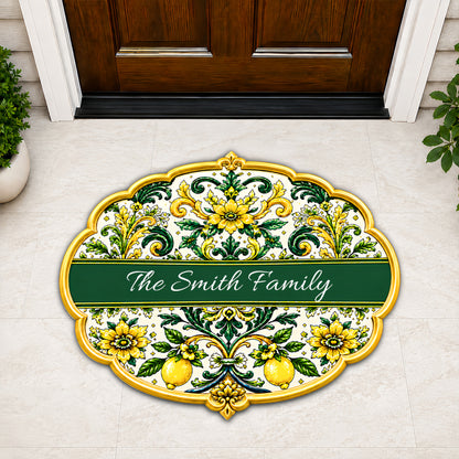 Mediterranean Style & Majolica Print Sun-Kissed Limoncello - Personalized Shaped Luxurious Doormat