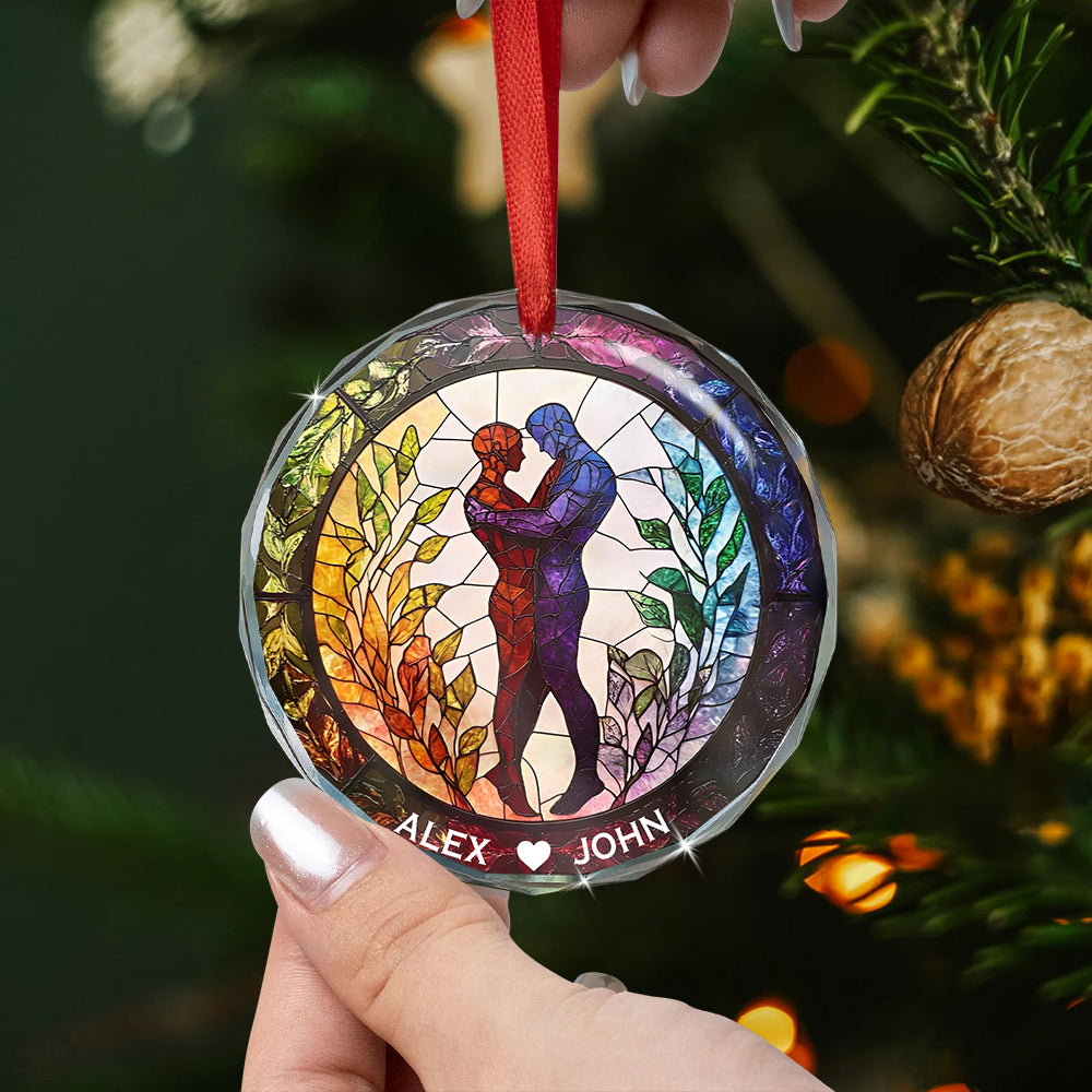 Attractive Strong Gay, Two Males Holding Hands - Personalized Circle Glass Ornament