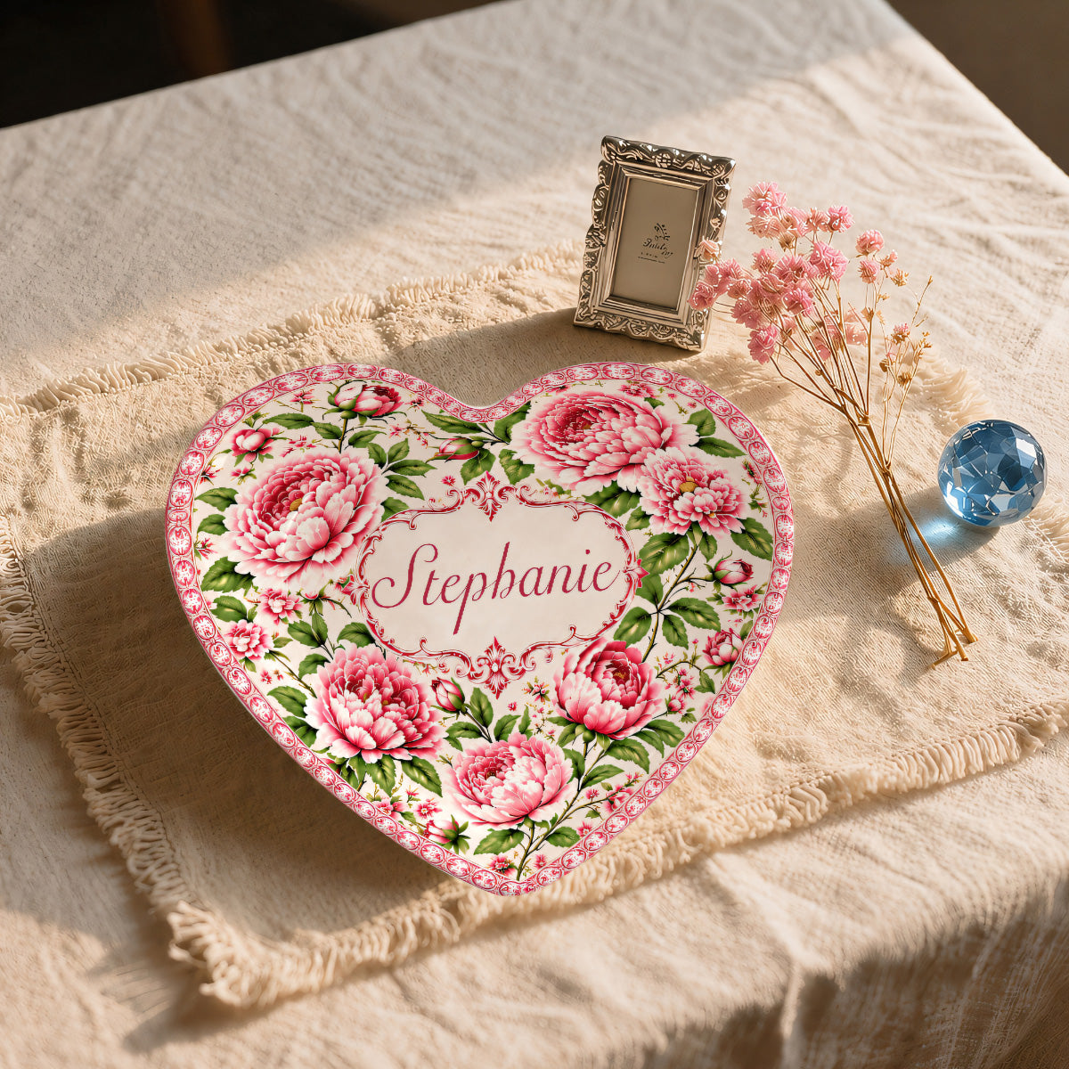 Charming Peony Paradise & Baroque Pattern - Personalized Heart Plate - Gift For Her, Bestie, Family Members