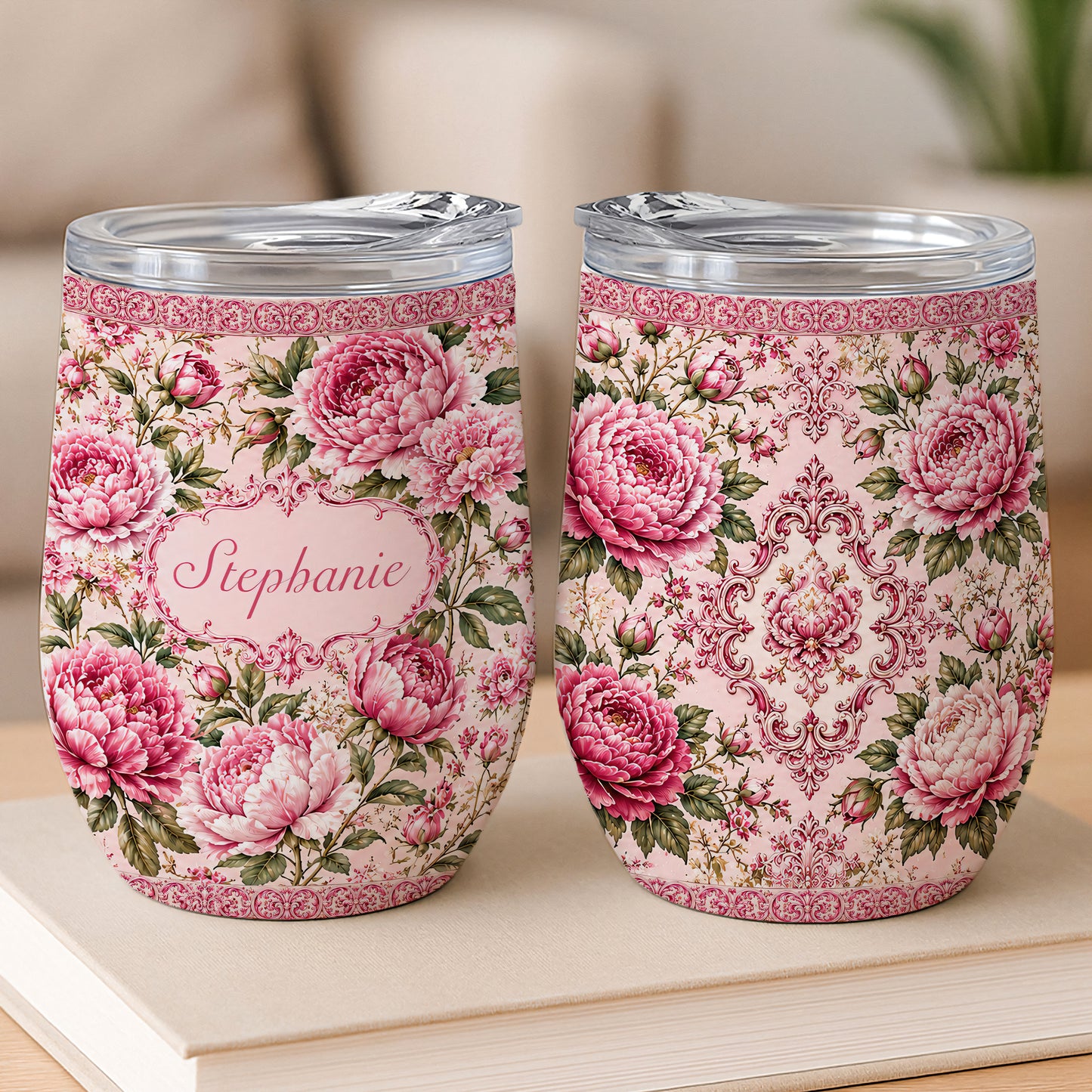 Charming Peony Paradise & Baroque Pattern - Personalized Wine Tumbler