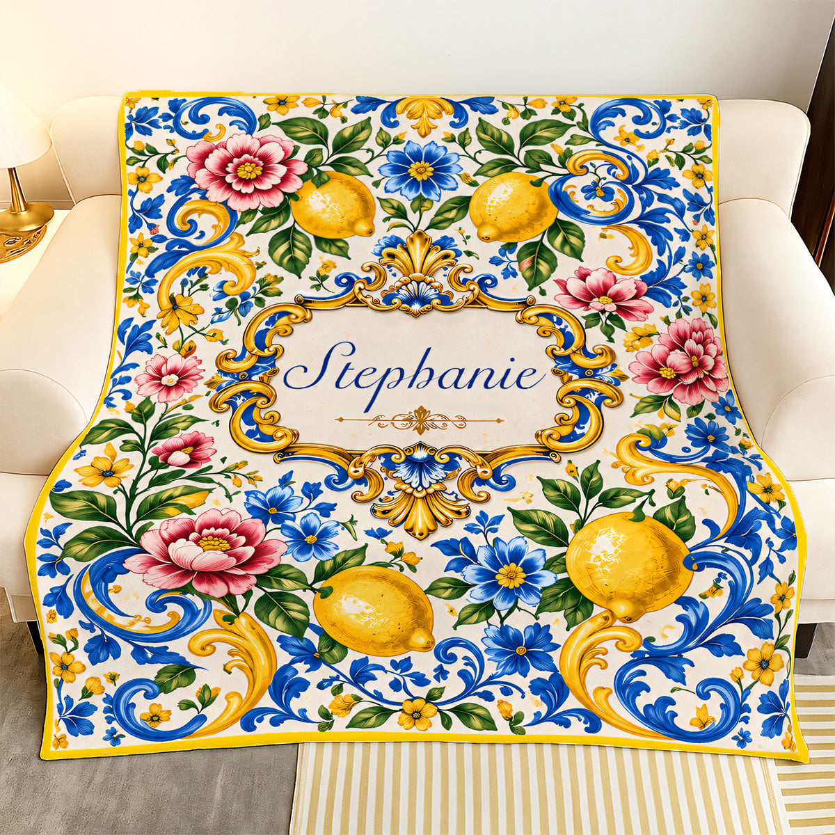 Mediterranean Style & Majolica Print Blue Lemon - Personalized Mediterranean Blanket