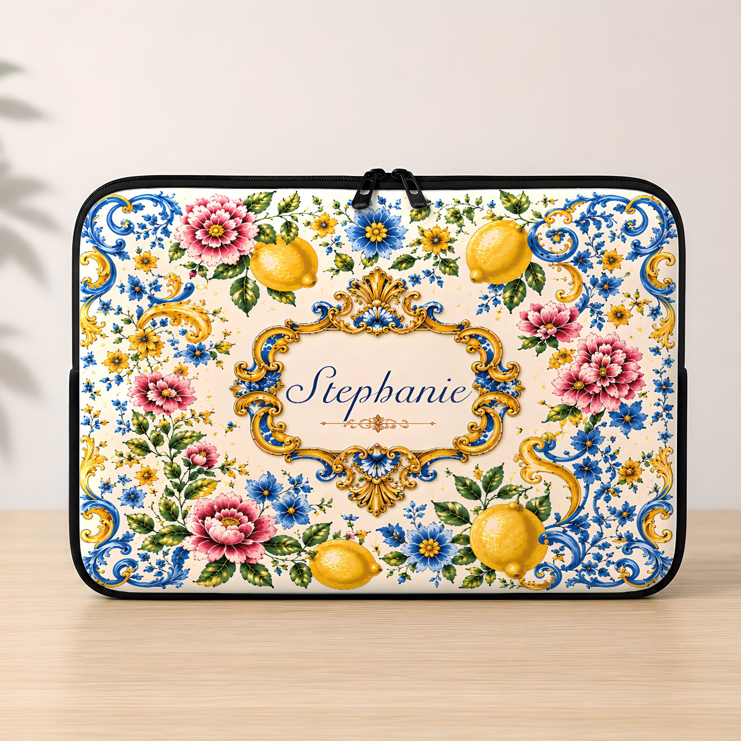 Mediterranean Style & Majolica Print Blue Lemon - Personalized Laptop Bag