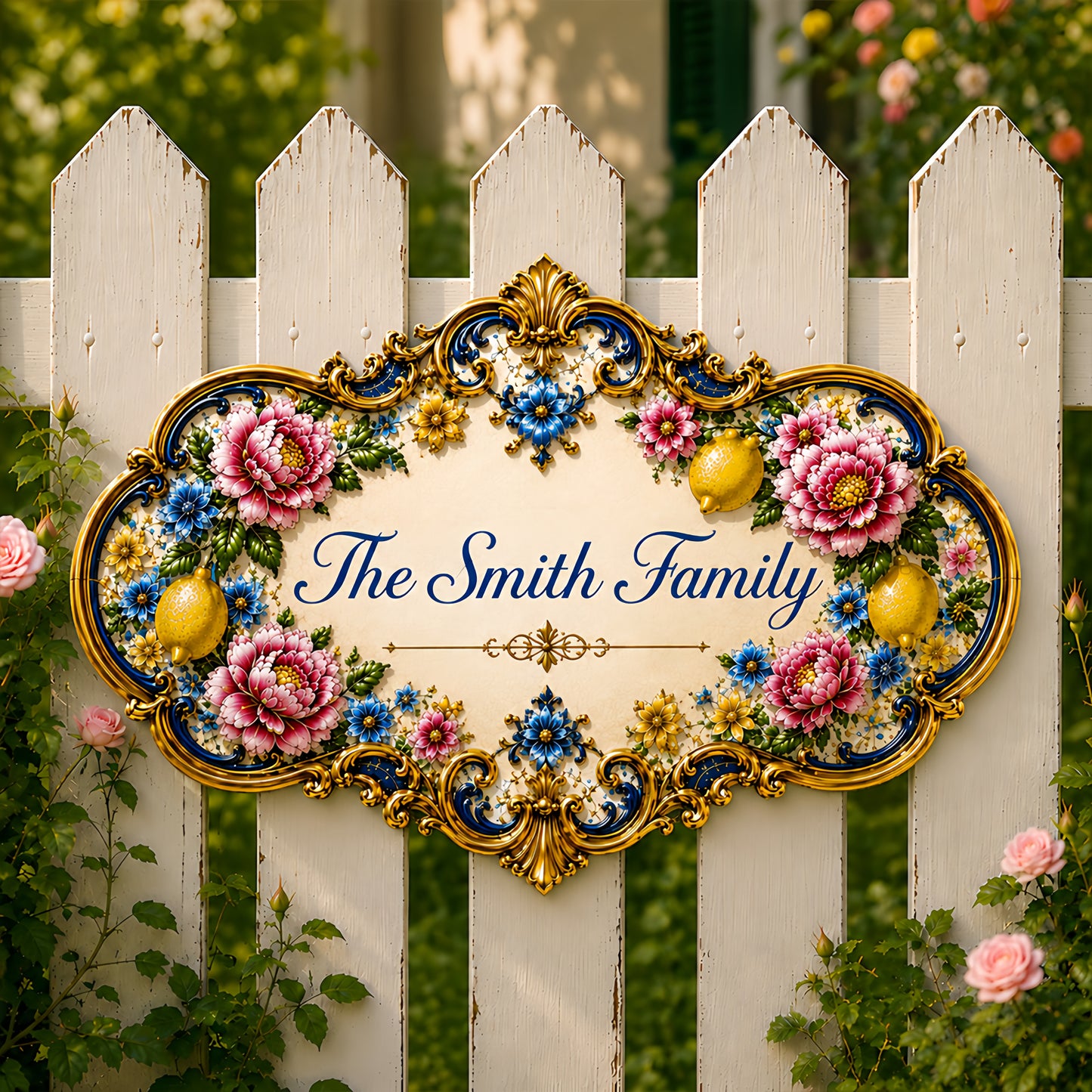 Mediterranean Style & Majolica Print Blue Lemon Royal - Personalized Custom Shaped Metal Sign