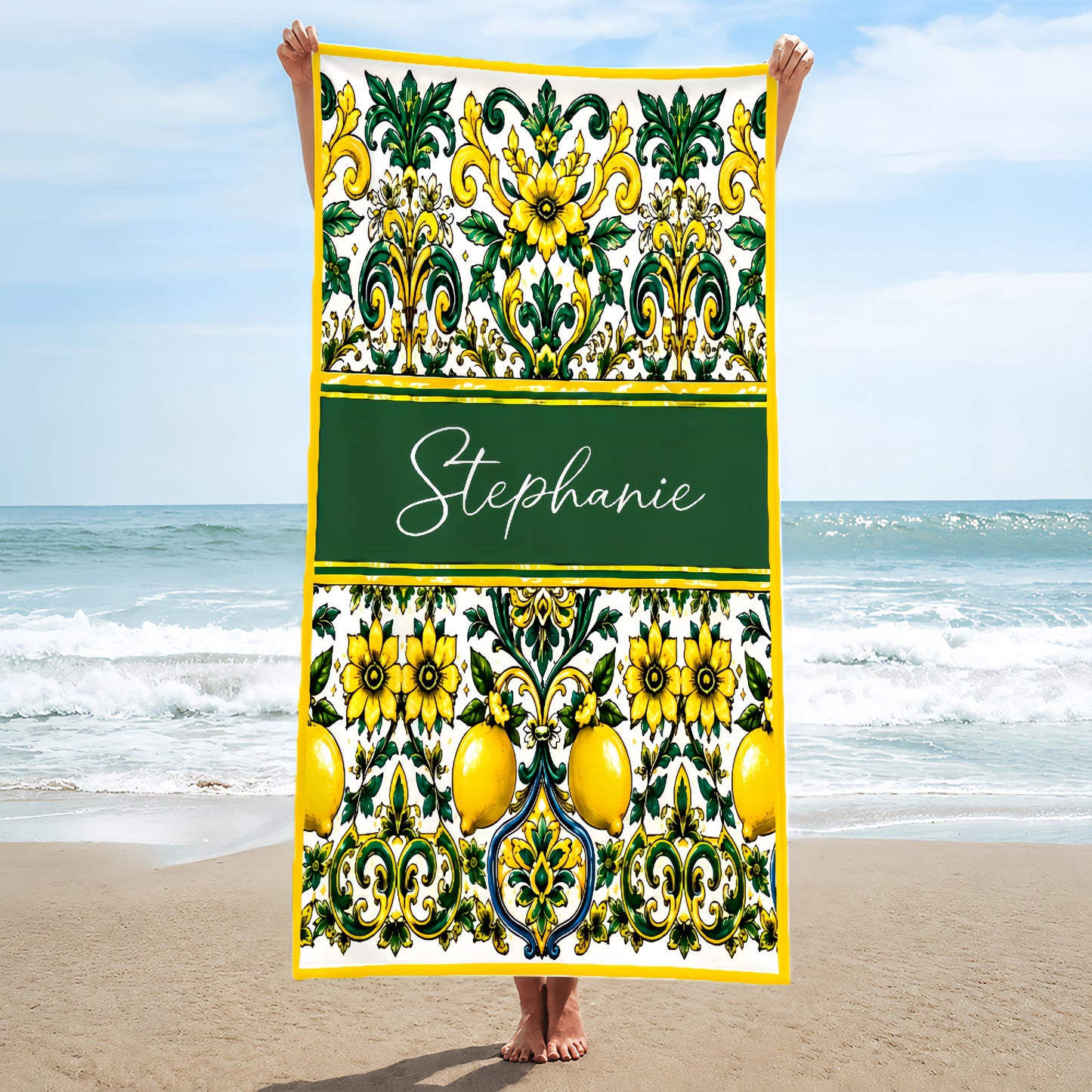 Mediterranean Style & Majolica Print Sun-Kissed Limoncello - Personalized Beach Towel