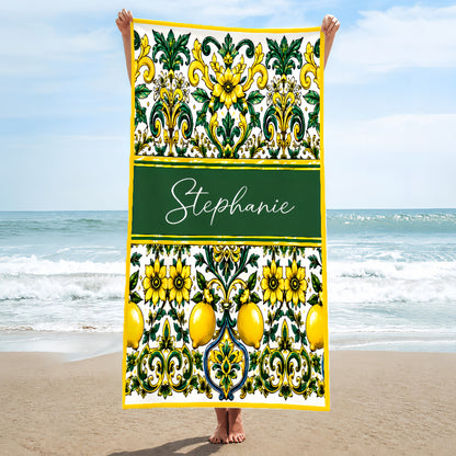 Mediterranean Style & Majolica Print Sun-Kissed Limoncello - Personalized Beach Towel