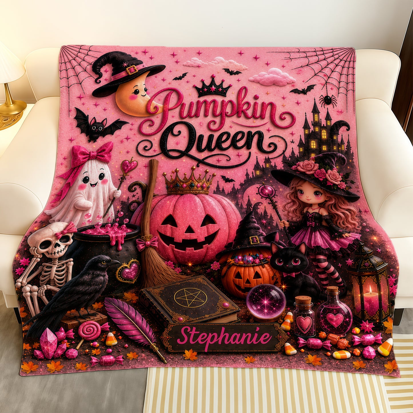 Pumpkin Queen - Personalized Pink Halloween Blanket - Gift For Halloween