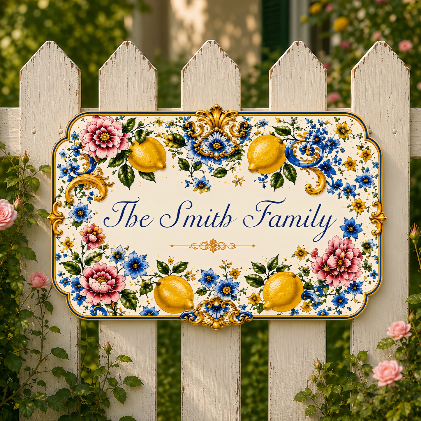 Mediterranean Style & Majolica Print Blue Lemon - Personalized Custom Shaped Metal Sign