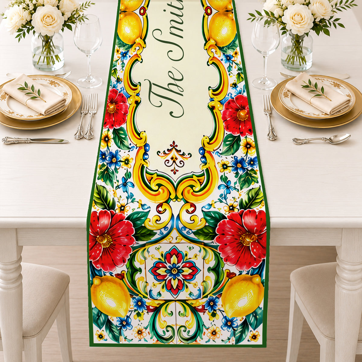 Mediterranean Style & Majolica Print La Dolce Vita - Personalized Table Runner