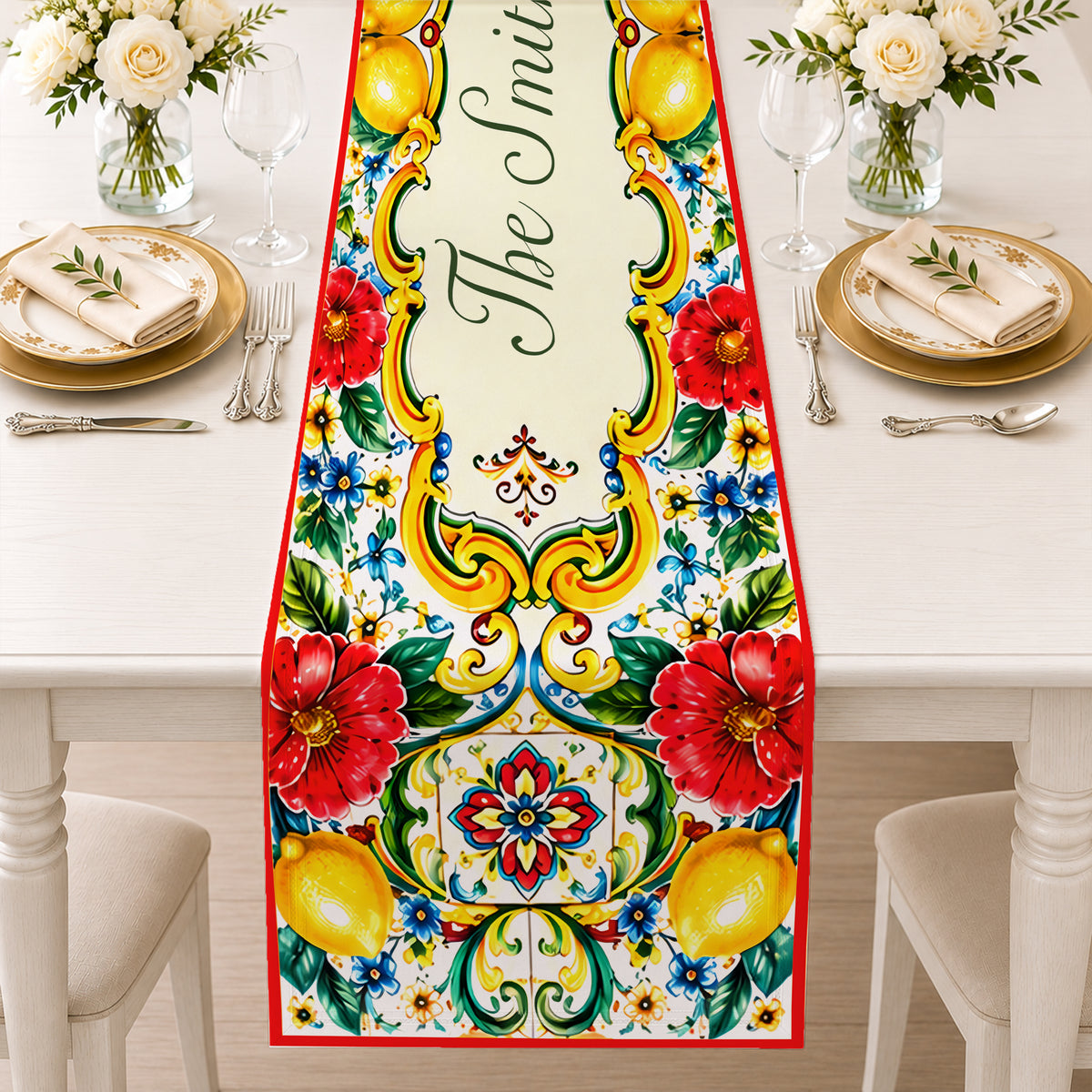 Mediterranean Style & Majolica Print La Dolce Vita - Personalized Table Runner