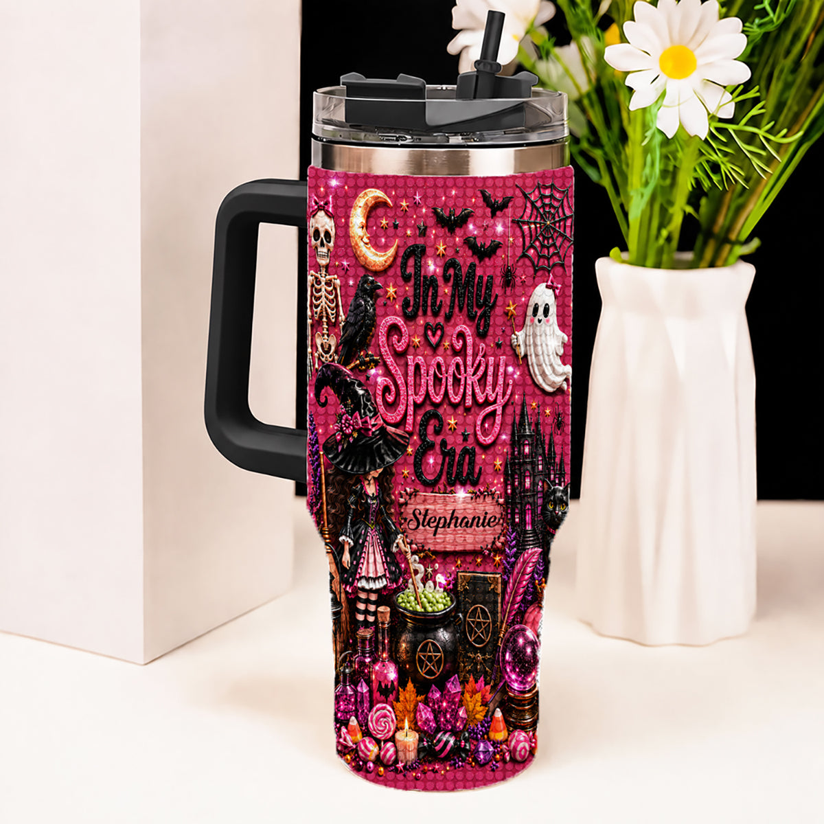 In My Spooky Era - Personalized Pink Halloween 40oz Rhinestone Tumbler With Straw
