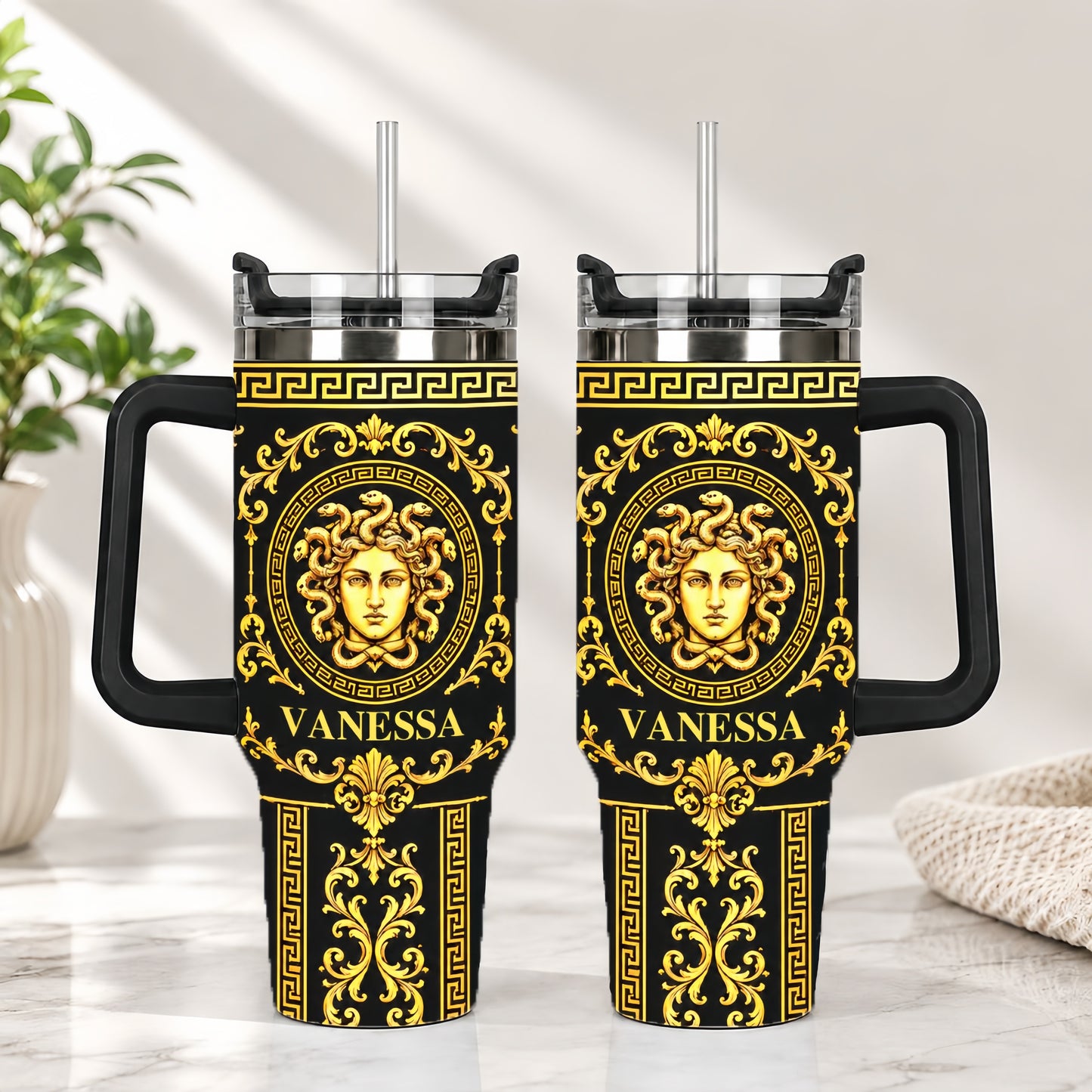 Medusa Head & Baroque Pattern Gold Black - Personalized 40oz Tumbler With Straw - Gift For Greek Mythology Lover