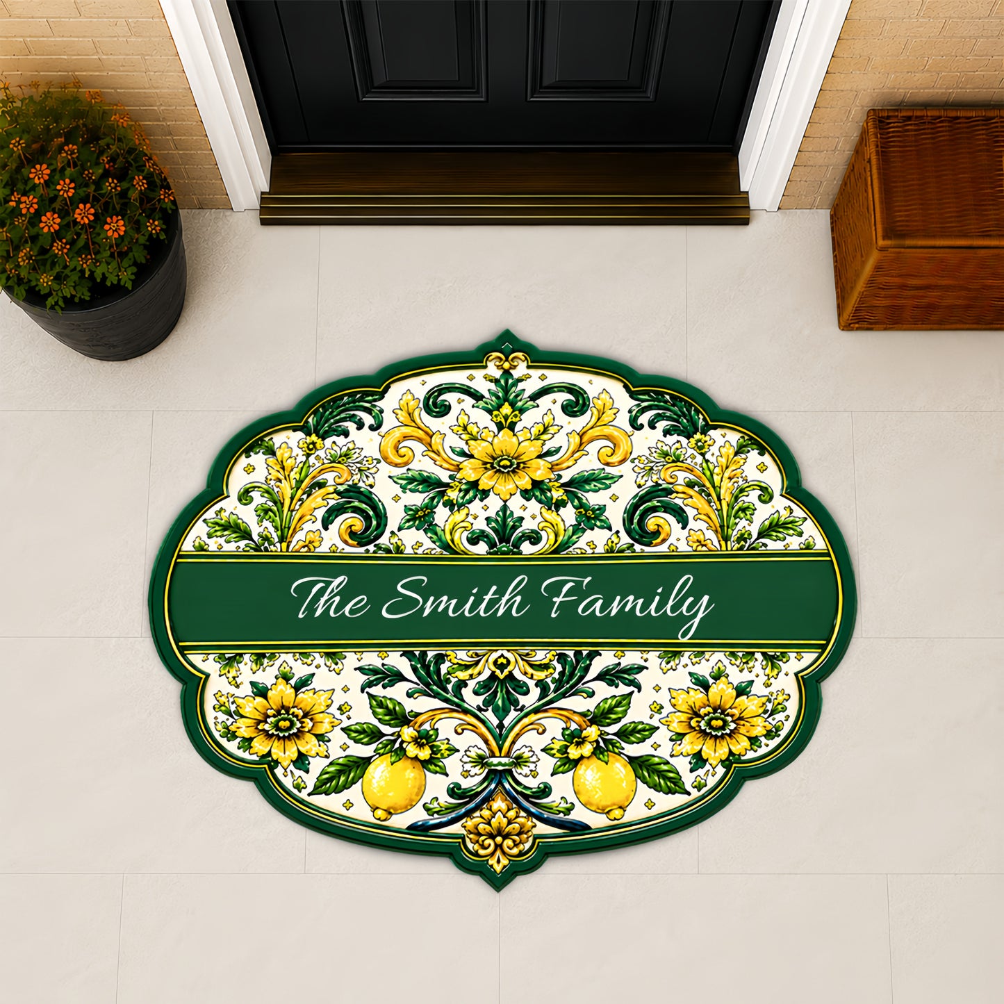 Mediterranean Style & Majolica Print Sun-Kissed Limoncello - Personalized Shaped Luxurious Doormat