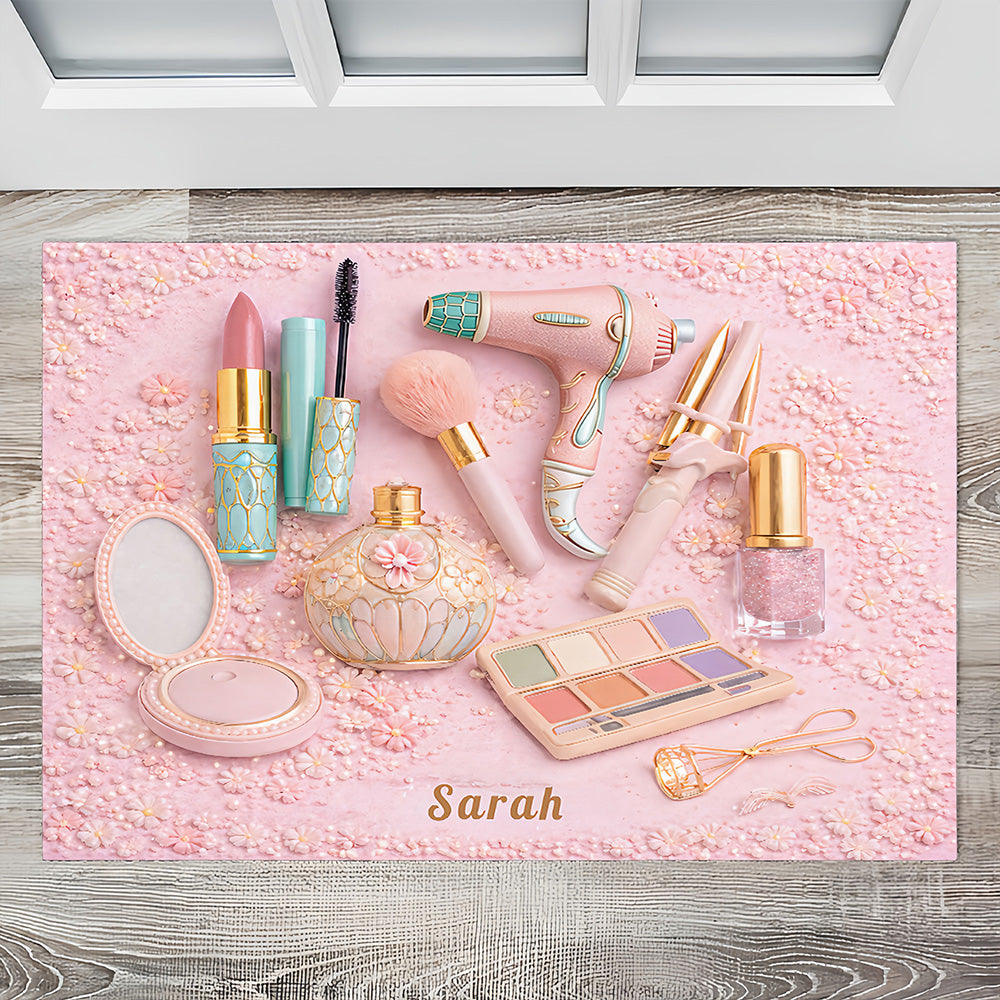 Personalized Makeup Doormat For Makeup Lovers – Custom Name Beauty Room Rug for Bedroom, Bathroom, Vanity Decor - Personalized Doormat