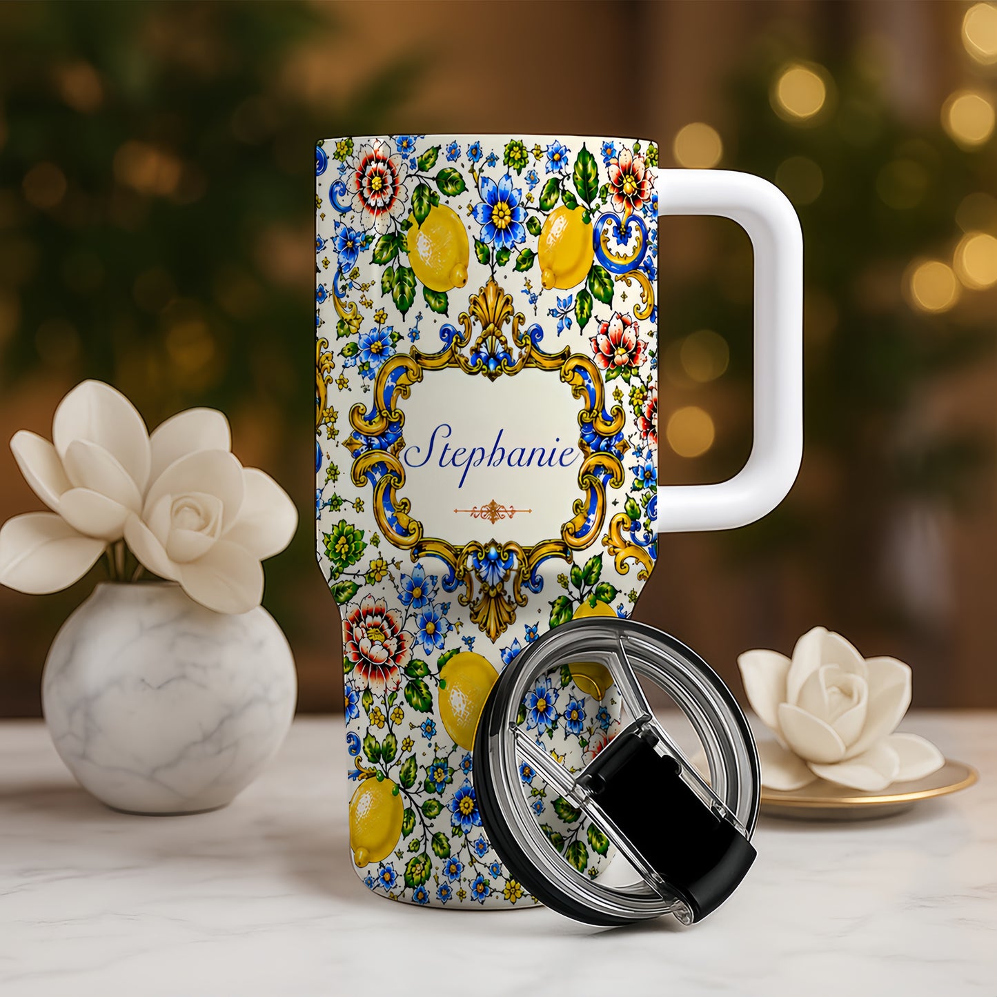 Mediterranean Style & Majolica Print - Personalized 40oz Tumbler With Straw - Travelling Tumbler