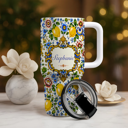 Mediterranean Style & Majolica Print - Personalized 40oz Tumbler With Straw - Travelling Tumbler
