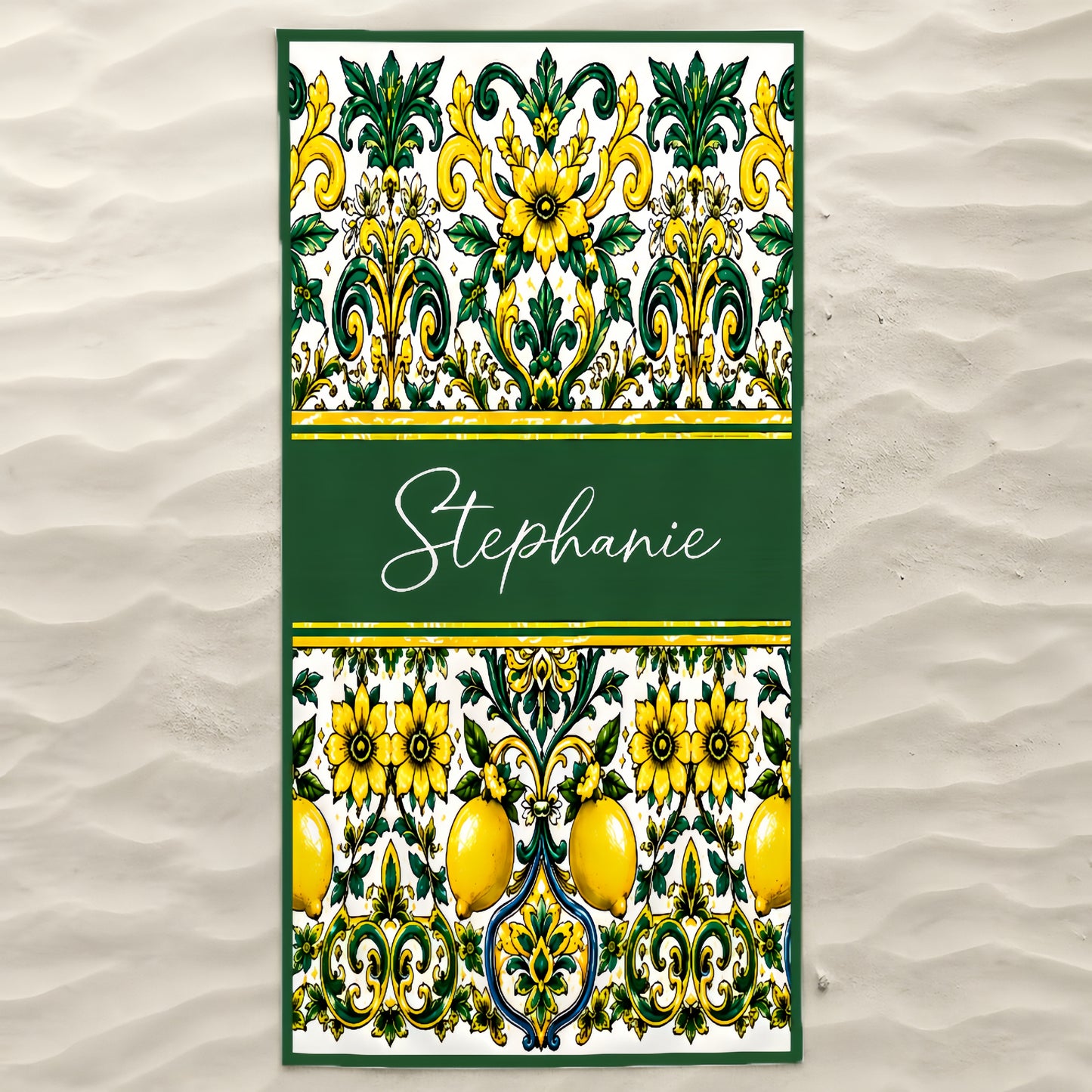 Mediterranean Style & Majolica Print Sun-Kissed Limoncello - Personalized Beach Towel