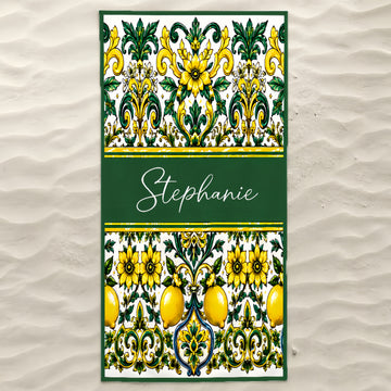 Mediterranean Style & Majolica Print Sun-Kissed Limoncello - Personalized Beach Towel