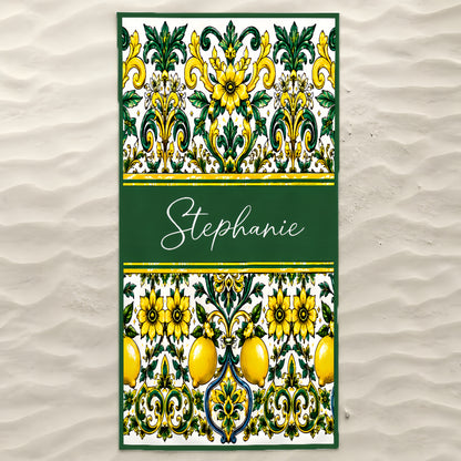 Mediterranean Style & Majolica Print Sun-Kissed Limoncello - Personalized Beach Towel