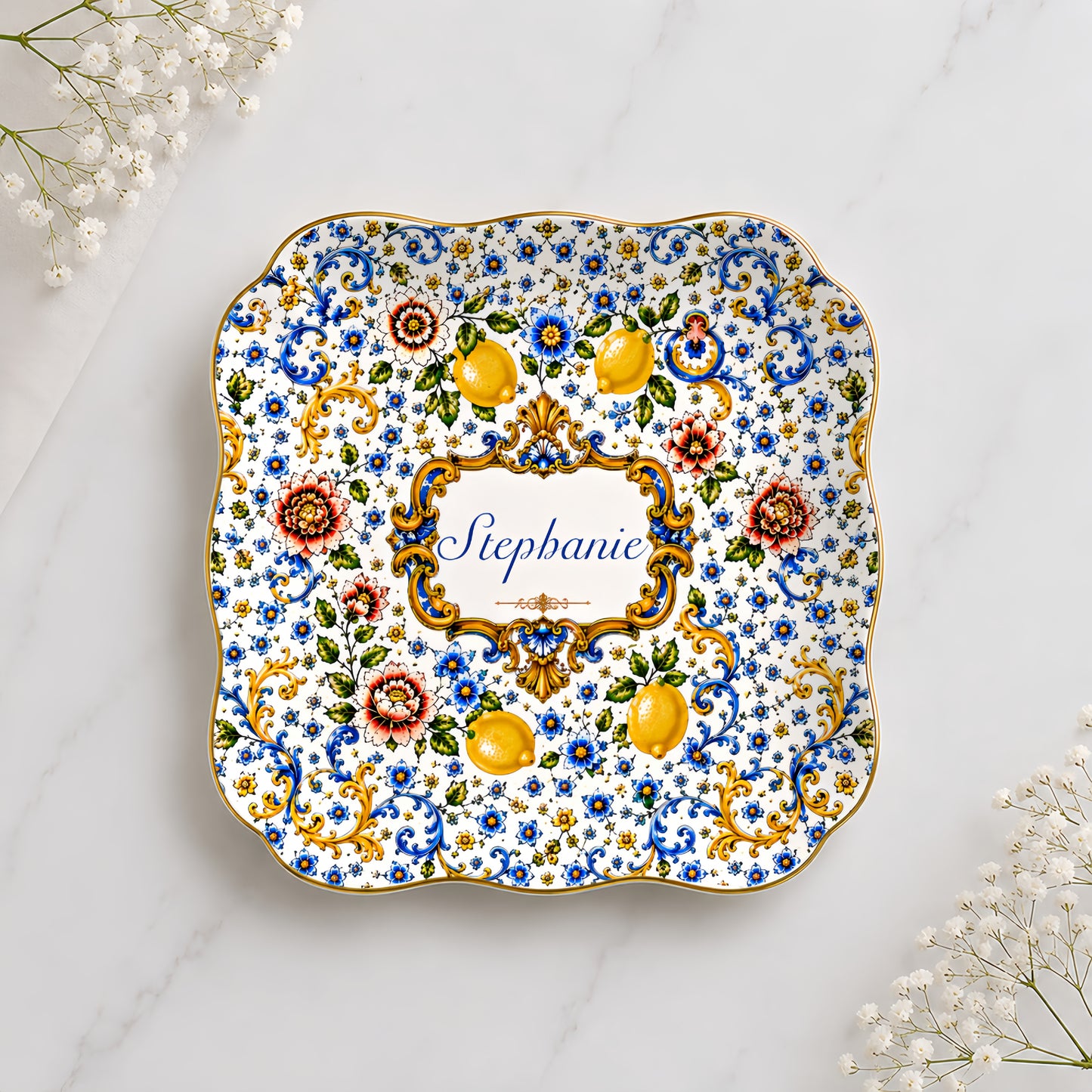 Mediterranean Style & Majolica Print Blue Lemon - Personalized Jewelry Dish (Full Print)