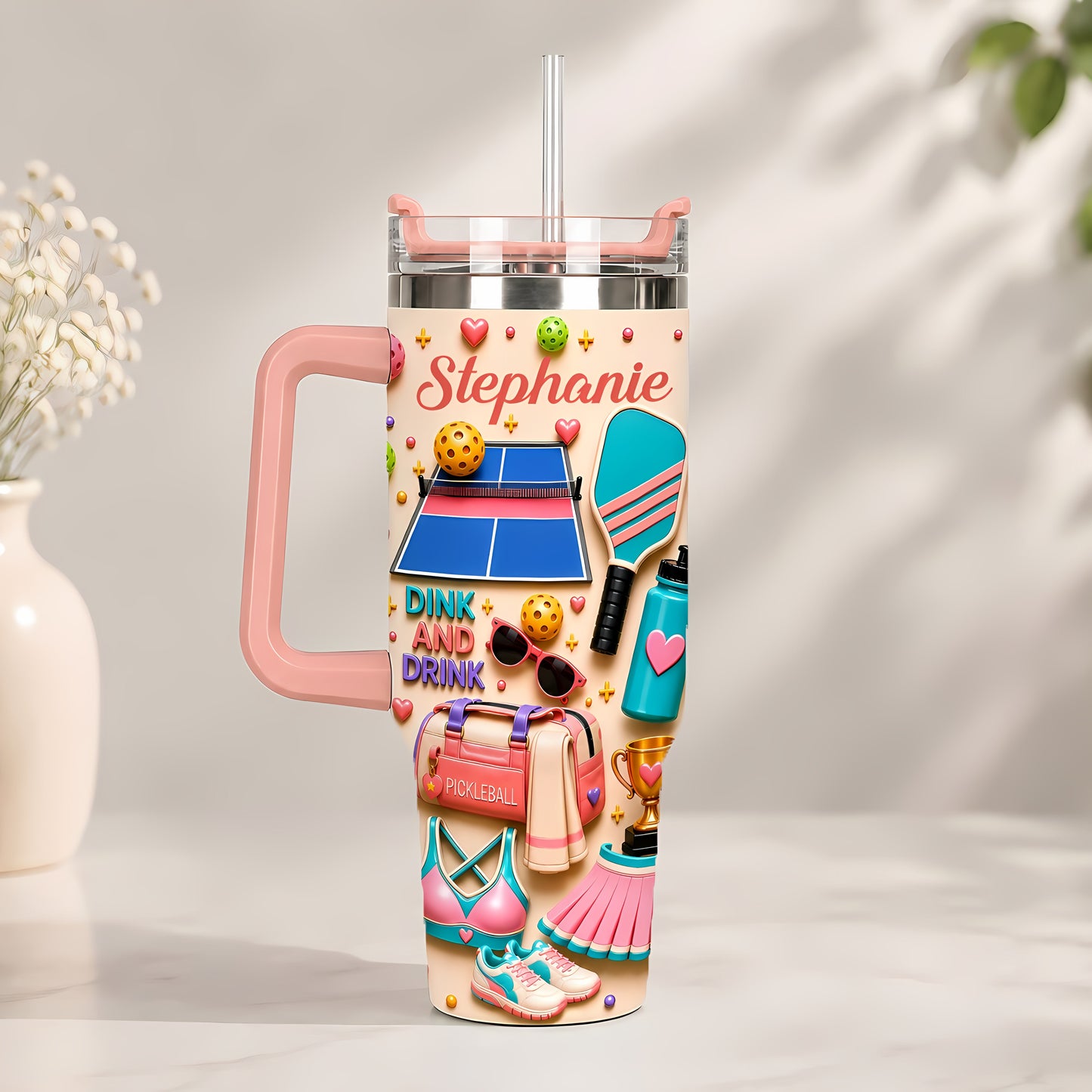 Dink And Drink - Personalized 40oz Pickleball Tumbler With Straw - Pickleball Gifts For Her